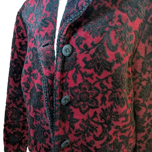 😊Tsunami Canada Black Red Bouclee Pattern Button Up Fleece Vintage Jacket Sz L - Picture 5 of 14